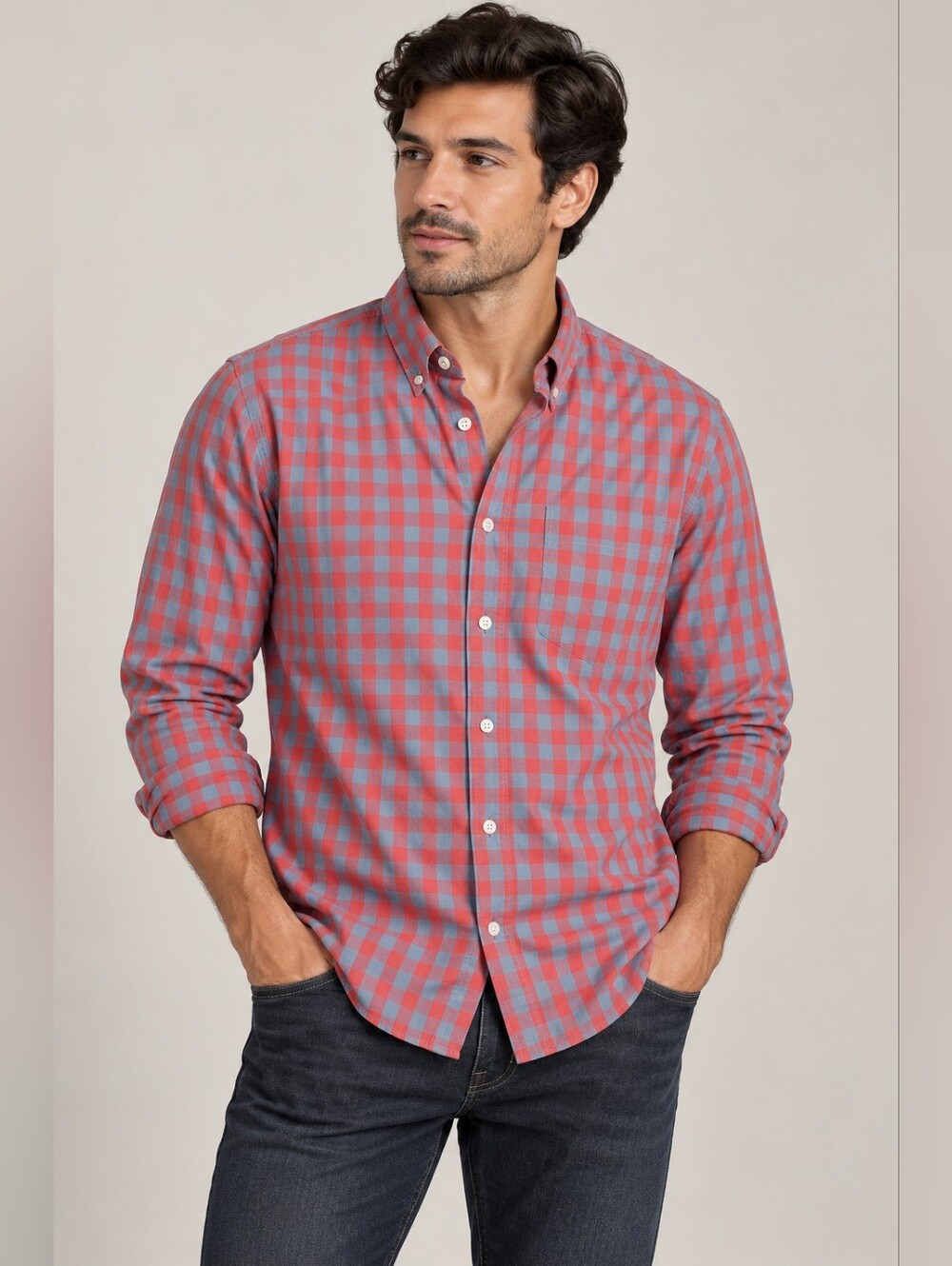 5/50$ J. Crew Red and Blue Gingham Button-Down Shirt- S Slim